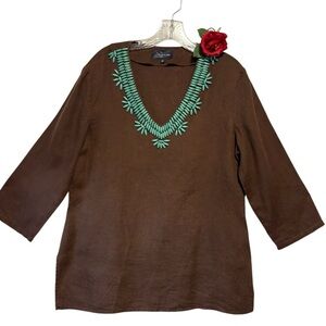 Jones New York LG Brown Linen 3/4 Sleeve Top Turquoise beads V-neck LIKE NEW